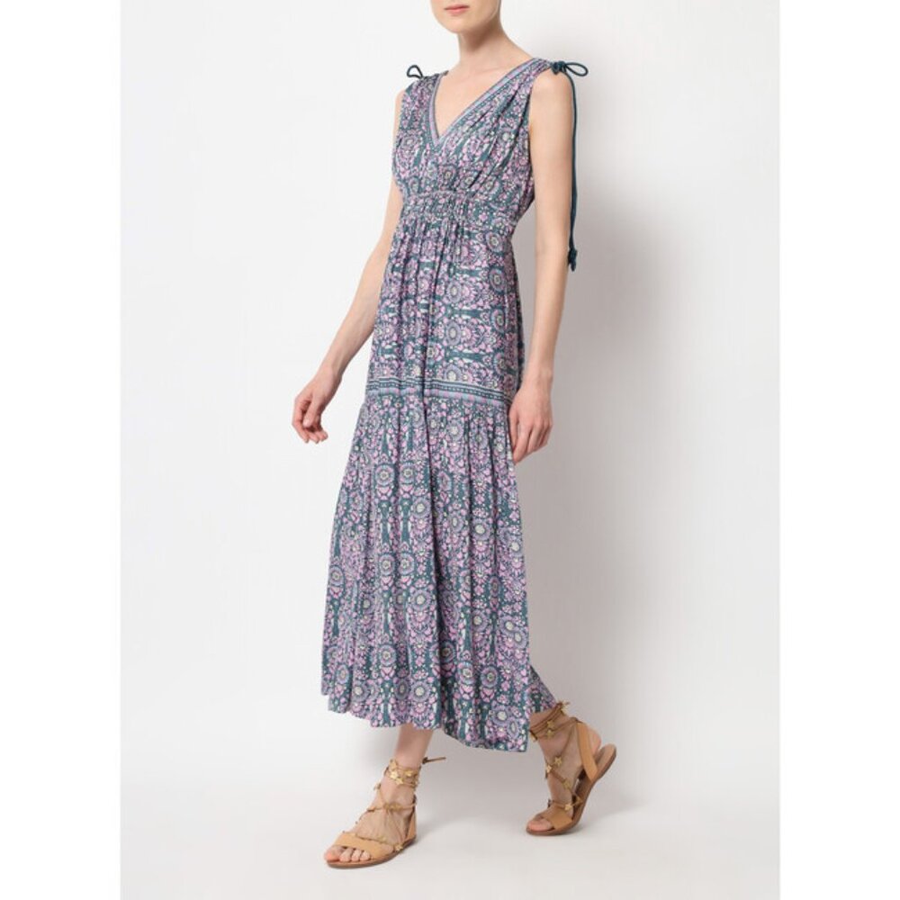 Joie Bohemian V-Neck Maxi Dress in Teal and Lavender Kaftan Style XL